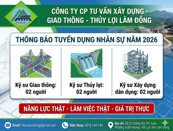CÔNG TY CP TƯ VẤN XÂY DỰNG - GIAO THÔNG - THỦY LỢI LÂM ĐỒNG THÔNG BÁO TUYỂN DỤNG NHÂN SỰ NĂM 2026